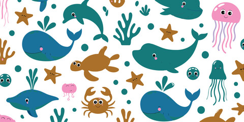 Seamless pattern with cute sea animals including whale dolphin turtle jellyfish crab and starfish for children nursery wallpaper and fabric © MDALAMGIR