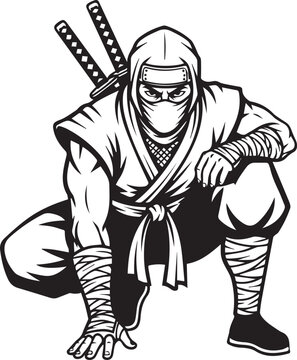 Crouching Ninja with Dual Katanas on Back, Bold Line Art Style Black and White Vector Illustration
