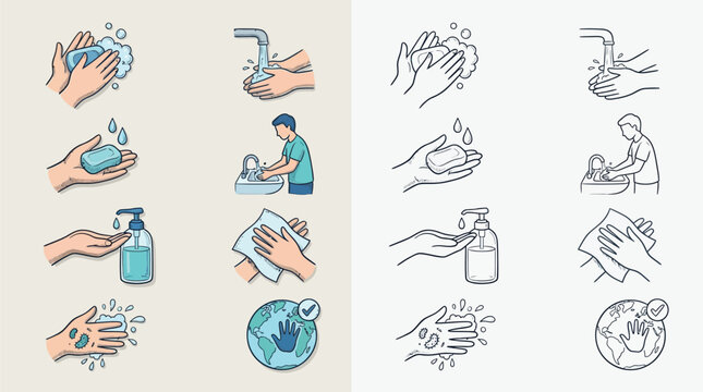 Illustrations showing the correct steps for washing hands with soap and water, and using hand sanitizer, to prevent the spread of germs and protect the planet.