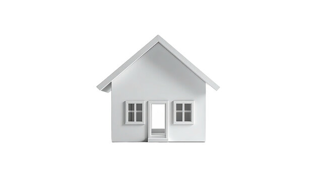 A minimalist, white, simplified house model with a pitched roof and two windows