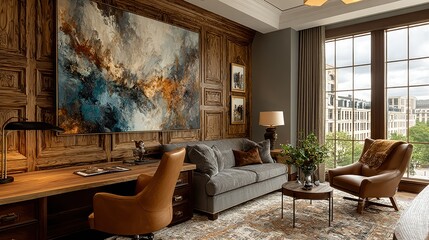 Obraz premium Luxurious home office with abstract art and city view perfect for work and relaxation