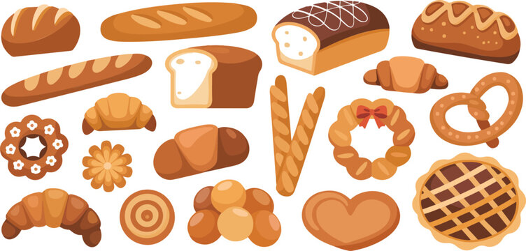 Assorted bakery collection featuring fresh bread loaves baguette croissant pretzel pie and pastries for cafe menu and food market design