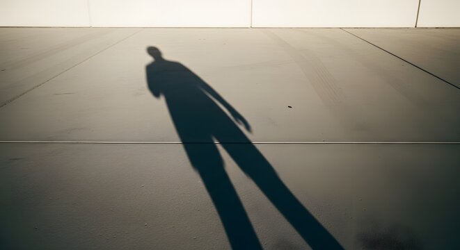 Dramatic shadow play a lone figure casts a long distorted shadow on a wall