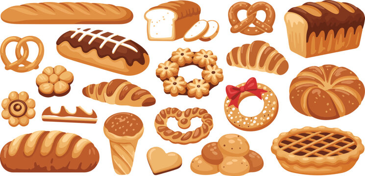 Assorted bakery collection featuring fresh bread loaves baguette croissant pretzel pie and pastries for cafe menu and food market design