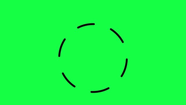 Abstract circular loading animation with black dashed lines rotating on a green screen chroma key background