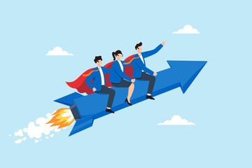 Fototapeta premium Flat illustration of business team riding rocket arrow flying upward while leader pointing forward to achieve business growth