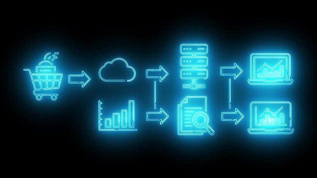 Neon-lit digital flowchart illustrating e-commerce process with glowing blue icons on a black background.