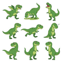 Cartoon dinosaurs tyrannosaur trex playful activities expressing various emotions such happiness, curiosity, sleepiness isolated white background. Green t-rex walking, roaring, relaxing, interacting © Vectorvstocker