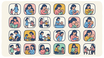 Obraz premium A collection of illustrations showcasing various heartwarming moments of people interacting with each other in different settings and emotions.