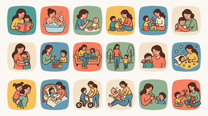 Obraz premium A mother engages in various activities with her baby in different colorful settings at home.