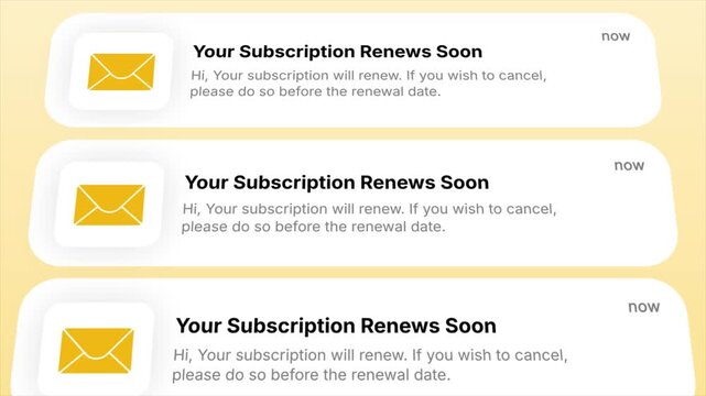 Your Subscription Renews Soon email notifications appear dynamically in multiple instances. Perfect for illustrating digital alerts, billing reminders, and online service messages