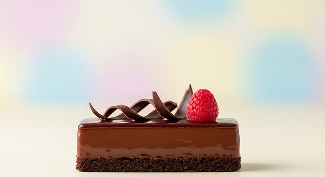 Exquisite decadent chocolate cake with a vibrant raspberry and delicate chocolate curls, a gourmet delight