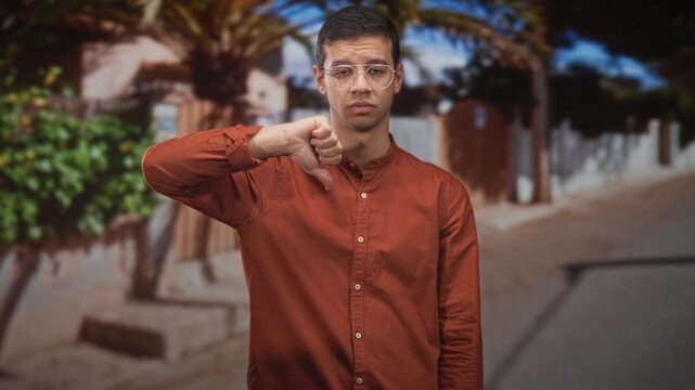 Man wearing glasses and rust shirt gives thumbs down gesture in a residential street lined with palm trees and fences; disapproval.
