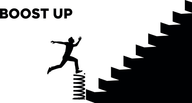 Boost up concept with businessman jumping on spring toward staircase, motivation growth success and career advancement illustration
