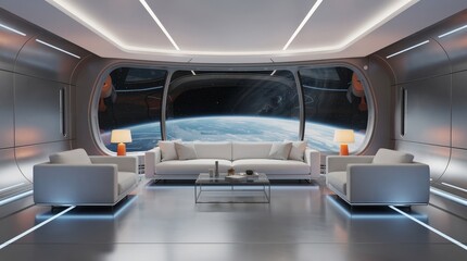 Naklejka premium A futuristic living room with sleek furniture and ambient lighting overlooks Earth through large space station windows.