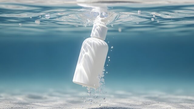 White Plastic Bottle Floating Underwater in Clear Blue Ocean