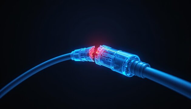 Conceptual Data Cable Disconnection Illustrative Graphic with Red Emission, Cyber Security Risk and Network Failure Concept.