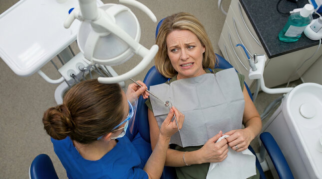 An apprehensive woman winces in a dental chair while a dentist holds a mirror and probe. High-angle view of a clinical setting showing dental equipment, medical tools, and a nervous female patient.