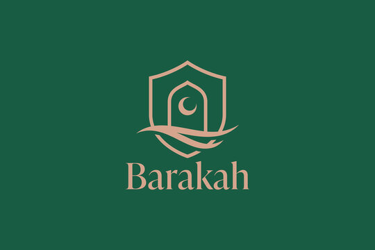 Elegant logo with mihrab arch, crescent moon, and flowing line. Symbolizes blessing and halal values, ideal for fashion, beauty, and lifestyle branding.