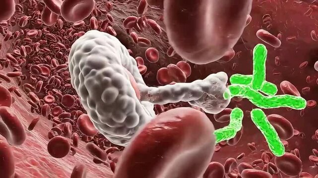 Microscopic view of a white blood cell fighting off green bacteria amidst numerous red blood cells in the bloodstream