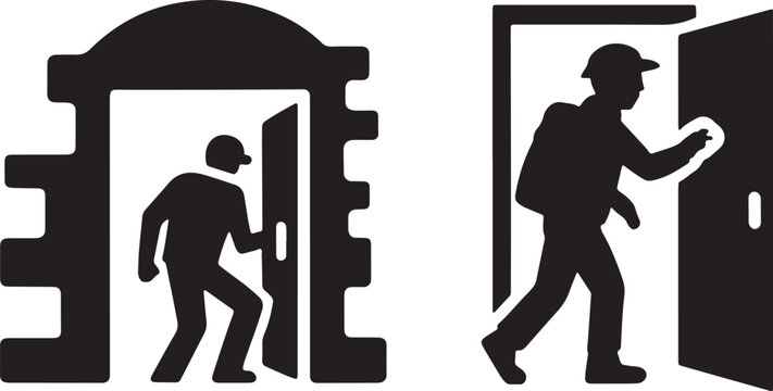 Entering icon set with doorway, silhouette, and person for stone and arch for man and cap