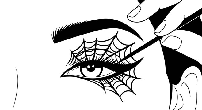 Gothic Halloween Spiderweb Eye Makeup Application Vector Illustration