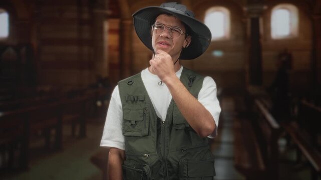 Man young in explorer hat wearing glasses and utility vest touches chin and squints in historic building; quiet contemplation.