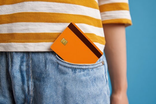 Orange card peeking from blue denim jeans pocket