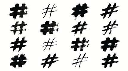 Fototapeta premium Social media hashtag element collection featuring brush stroke style, ink marks, textured symbols, messy lines, and tags