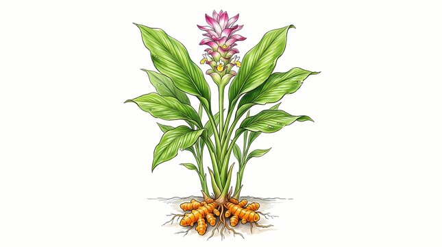 Illustration of a turmeric plant with edible rhizomes and vibrant pink flower