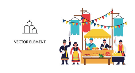 Naklejka premium Traditional Cultural Food Festival with People in Folk Costumes
