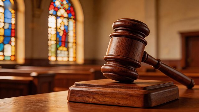 Wooden gavel on table with stained glass