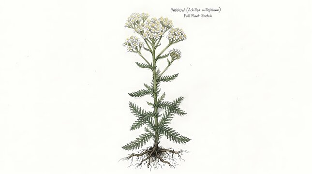 Botanical illustration of Achillea millefolium, known as Yarrow, with white flowers, intricate leaves, and roots, presented in a vintage scientific style