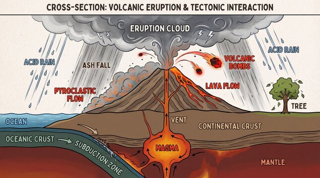 Detailed Handdrawn Volcanic Eruption and Tectonic Interaction Cross-Section Educational Illustration