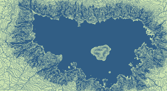 Aerial View of Volcanic Caldera Lake with Central Island and Rugged Mountainous Landscape. Geographic Topography