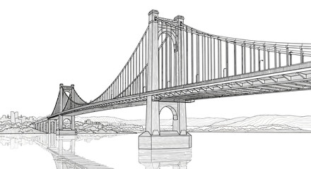 Fototapeta premium Architectural line drawing of a large suspension bridge over water with city skyline and distant mountains. Detailed infrastructure illustration.