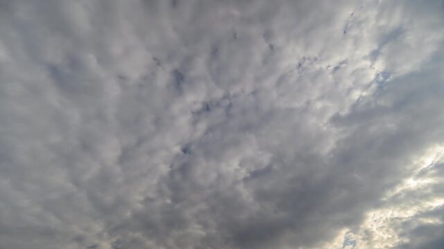 Textured cloud timelapse altocumulus field pattern soft gray ripples, layered formations, subtle sunlight peeking at edges, dynamic motion, aerial texture study