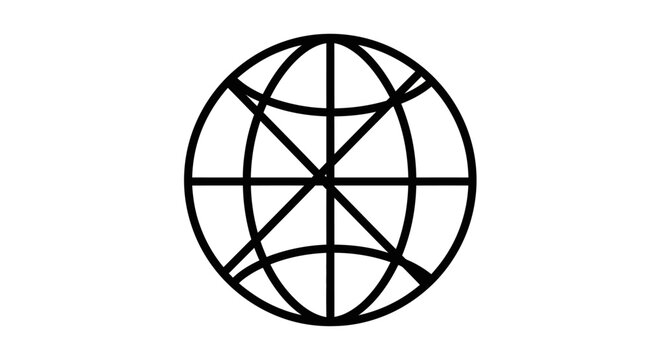 Simple Outline Drawing of a Wireframe Globe Icon with Intersecting Grid Lines on Isolated White Background