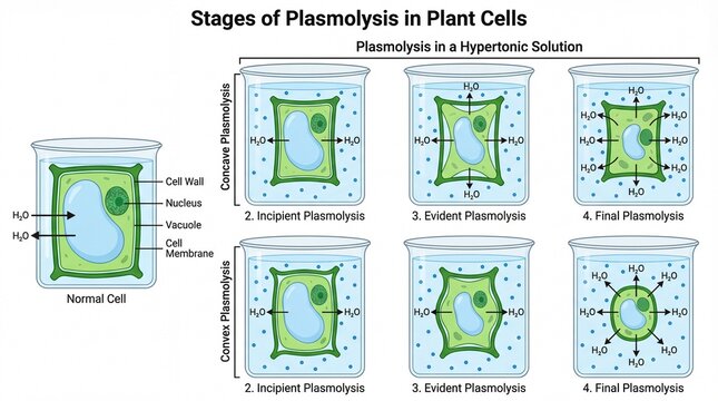 Detailed Diagrammatic Illustration of Plant Cell Plasmolysis Stages in Hypertonic Solution
