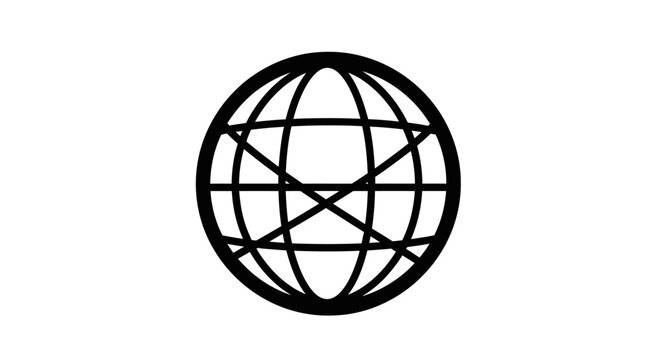 Bold Outline Drawing of a Wireframe Globe Icon with Intersecting Grid Lines on Isolated White Background
