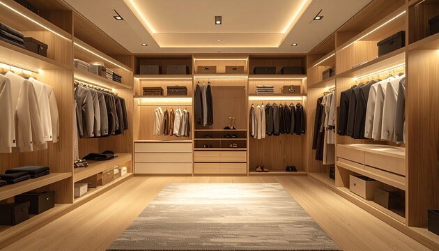 luxury walk-in closet with organized high-end clothing 