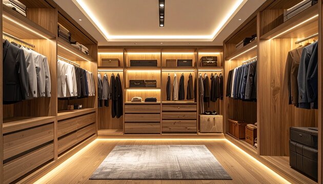 luxury walk-in closet with organized high-end clothing 