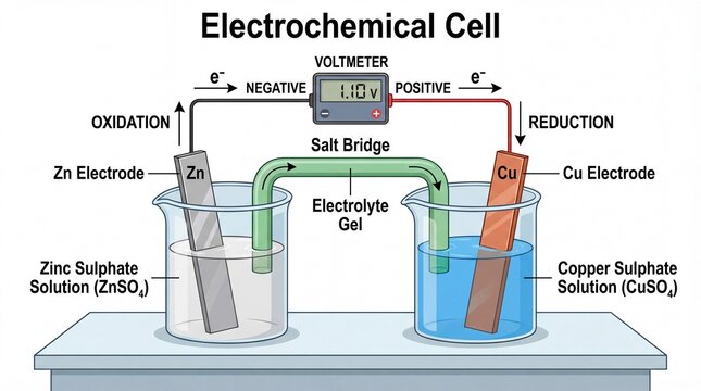 Detailed Diagram Illustrating Electrochemical Cell and its Components in Colorful Style