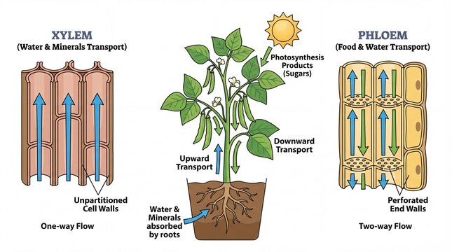 Detailed Science Illustration Plant Vascular System Xylem and Phloem Structure Education