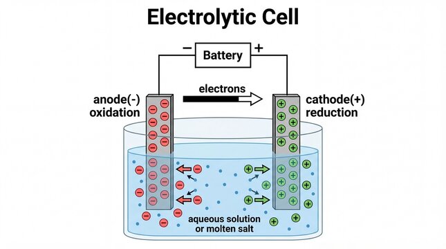 Detailed Diagram Electrolytic Cell with Anode Cathode Battery Electrons Education