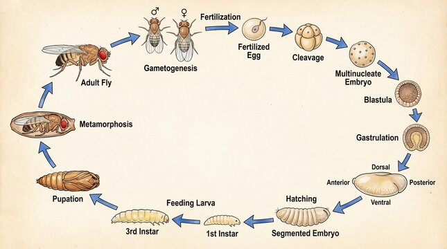 Detailed Handdrawn Life Cycle of a Fruit Fly with Development Stages
