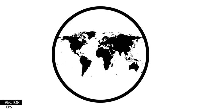 Black Silhouette of a World Map Inside a Bold Circular Frame Showing Continents on Isolated White Background, Vector Icon