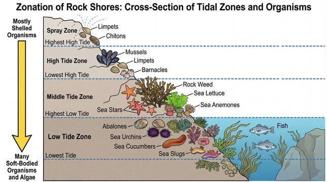 Detailed Illustration of Rock Shore Zonation with Tidal Zones and Organisms