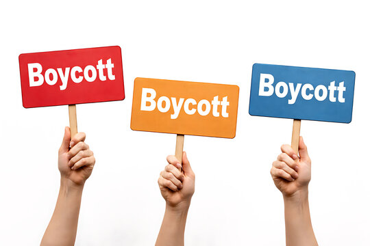 Three hands holding colorful boycott signs isolated on white background