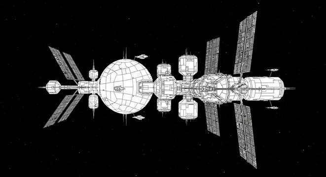 White wireframe schematic of a large, advanced space station with multiple modules and solar panels in deep space. Future technology concept.